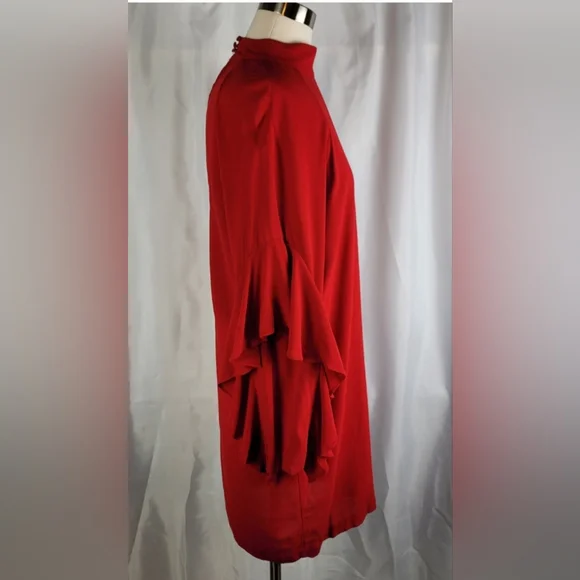 H&M Red Crepe Flounce Sleeve Keyhole Back High Neck Tunic Shift Dress Size 6 - Picture 6 of 16